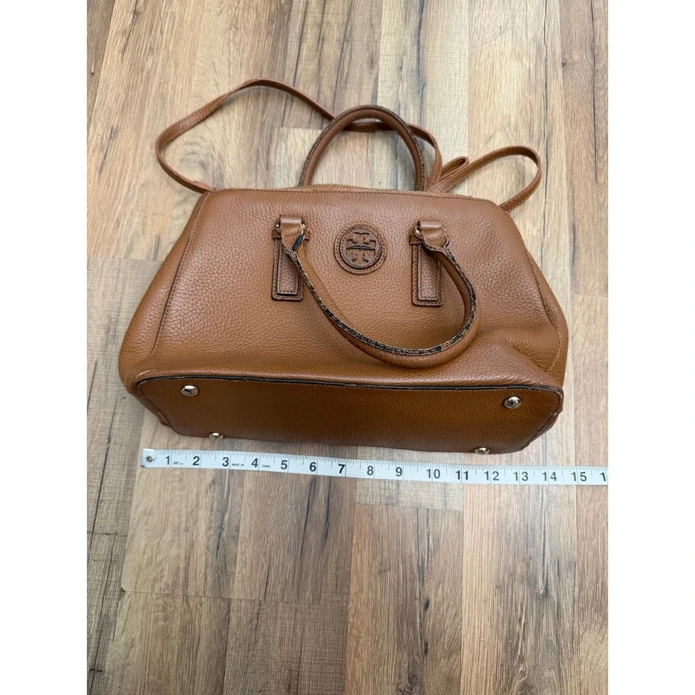 Tory Burch Brown Leather Satchel Crossbody Double Zip Logo Bag
